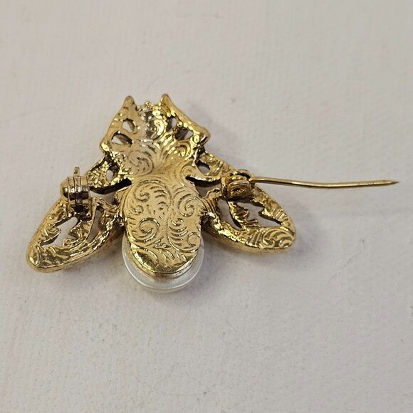 Gold Tone Insect Pink Rhinestone Faux Pearl Brooch Unmarked Fly Pin - Picture 3 of 8